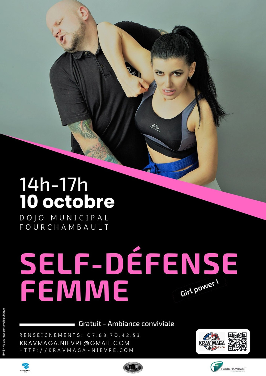 Affiche du stage Self-Défense Femme — samedi 10 octobre de 14h à 17h au Dojo Municipal de Fourchambault, gratuit
